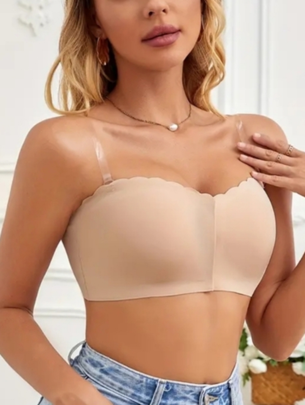Women's Beige Nide Strapless Bra Size Medium 36B Hooks In Front Bandeau
